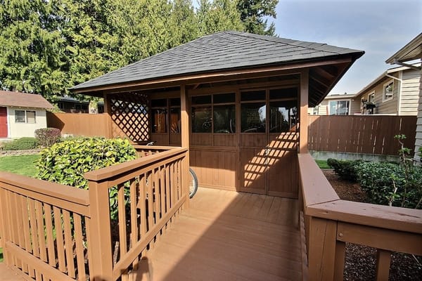 Outdoor gazebo in a landscaped area