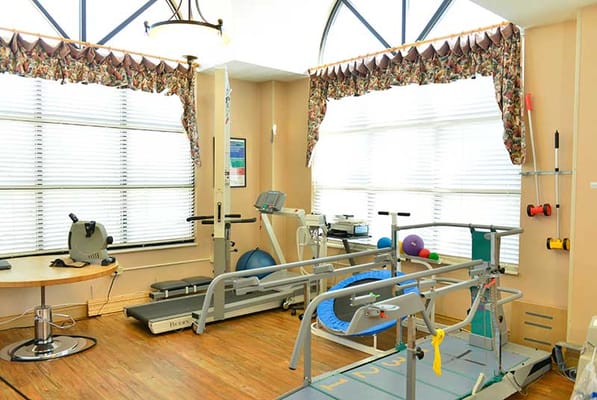 Interior view of a therapy gym with equipment