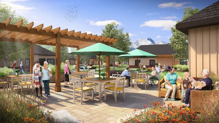 Residents socializing in an outdoor patio area