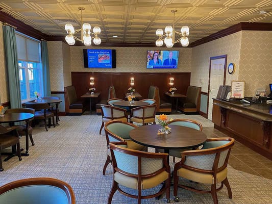 Interior view of a cozy dining area with tables