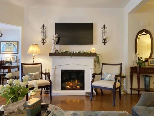 Cozy common area with fireplace and seating