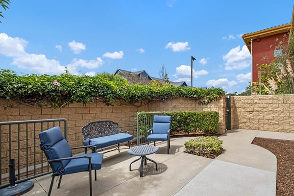 Outdoor seating area with blue chairs and greenery