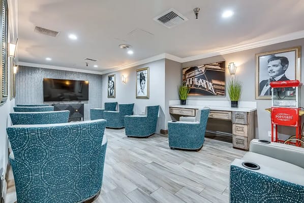 Interior view of a cozy common area with seating