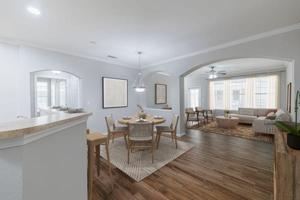 Bright dining area in a modern assisted living facility