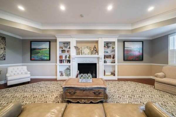 Interior view of a cozy common area with seating
