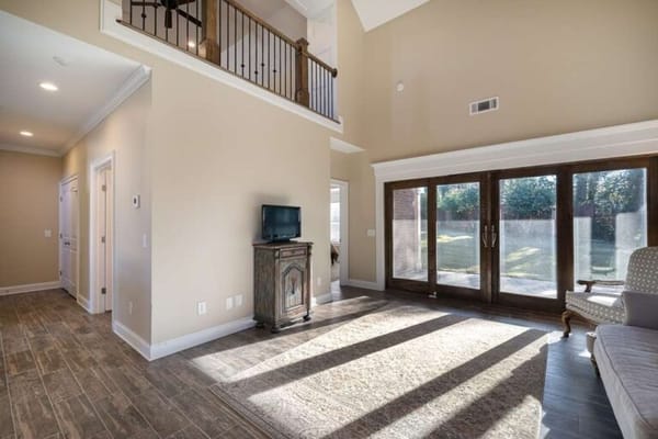 Bright interior of a common area with large windows