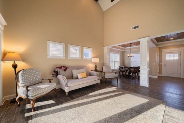 Bright and spacious living area with seating