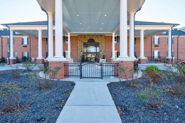 Exterior view of a senior living facility entrance