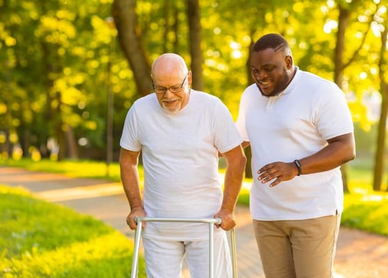 A caregiver assisting a senior man with a walker in a park