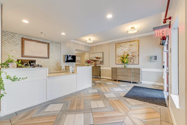 Bright common area with modern decor and furniture