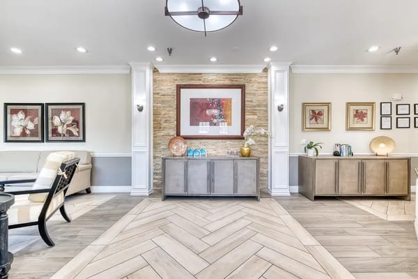 Bright and welcoming common area in a senior living facility