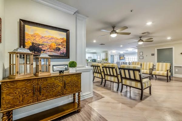 Bright interior common area with seating and decor