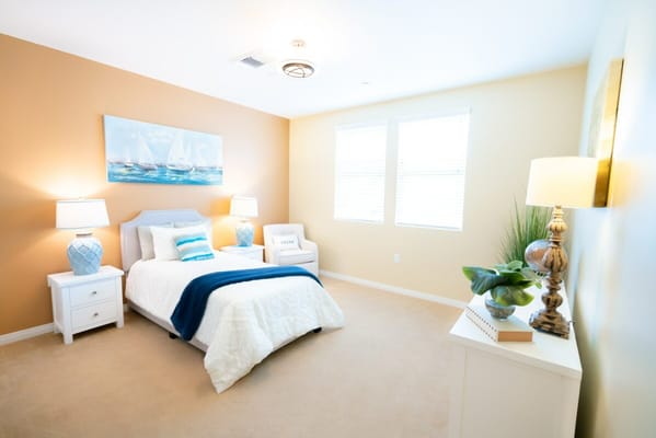 Brightly decorated private resident room with modern furnishings