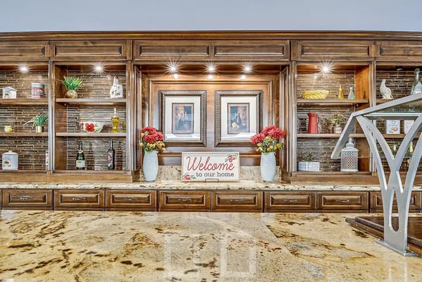Common area with decorations and signage