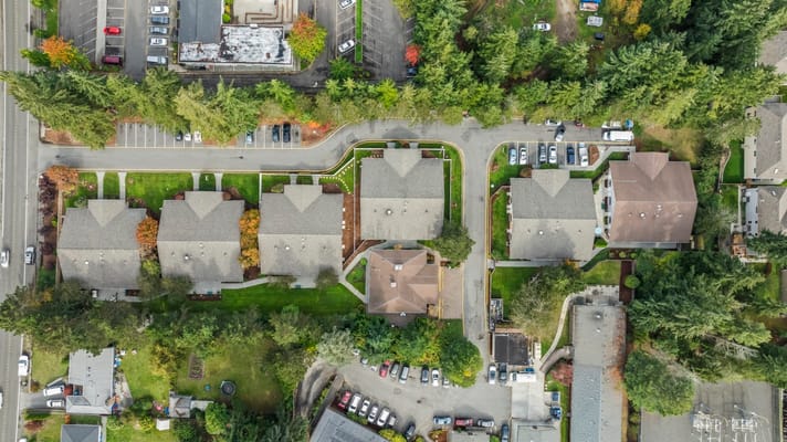 Aerial view of residential cottages surrounded by greenery