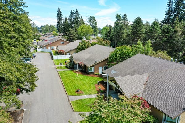 Aerial view of cottages surrounded by trees in a senior living community