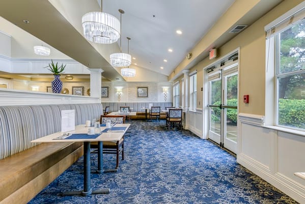 Interior view of a dining area with seating