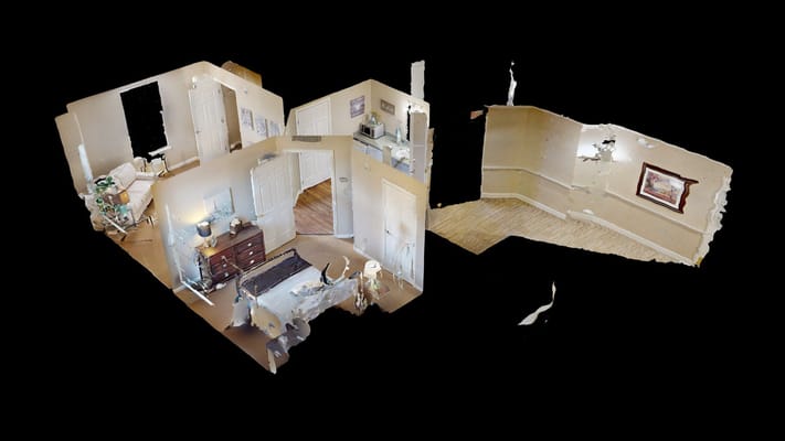 A private resident room layout with furniture