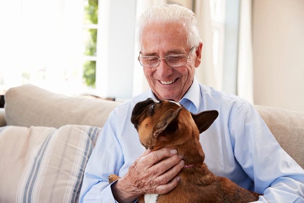 Smiling elderly man cuddling with a dog at home