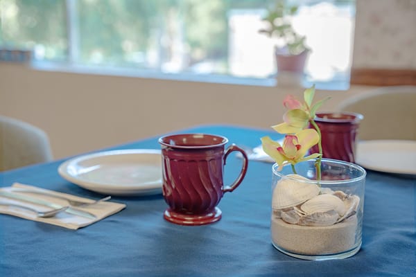 Dining table set with drinks and decor