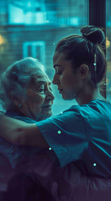 Caregiver embracing elderly resident in a cozy setting