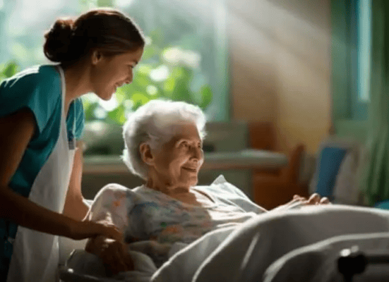 Caregiver assisting a senior resident in a bright room