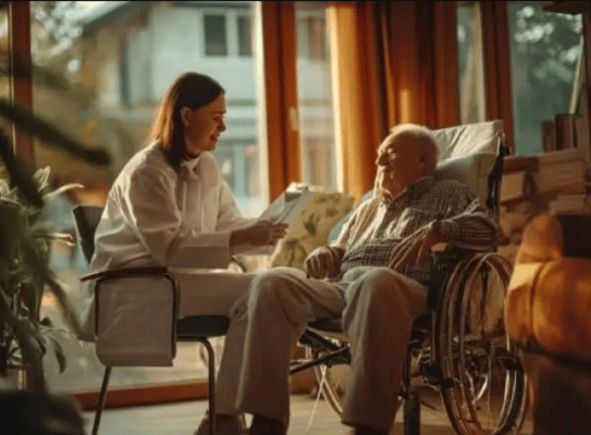 Staff member engaging with a resident in a cozy setting