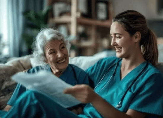 Caregiver engaging with a resident in a cozy room