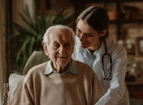 A caregiver smiling with an elderly resident