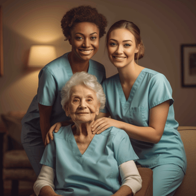 Care staff posing with a resident in a cozy setting