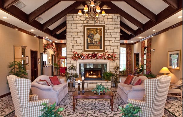 Welcoming lobby area with comfortable seating and fireplace
