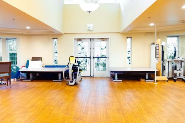 Bright interior rehabilitation space with exercise equipment