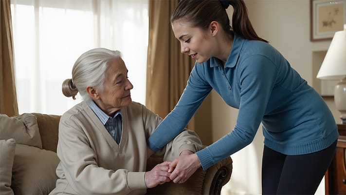 Caregiver assisting a senior woman in a cozy living room