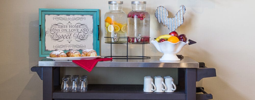 Refreshment station with drinks and snacks