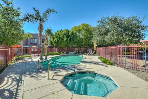 Outdoor pool area with seating and palm trees