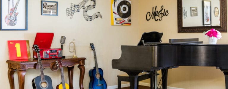 A cozy music corner with instruments and decor