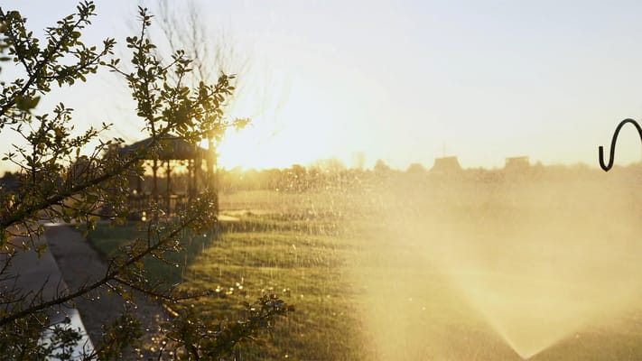 Sunset view of an outdoor space with water sprinklers