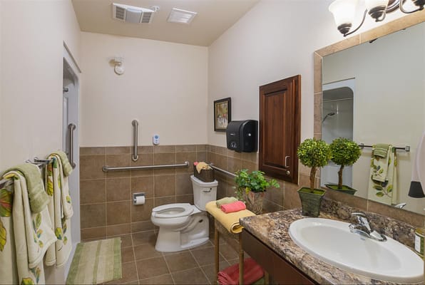 A clean bathroom with safety features and plants