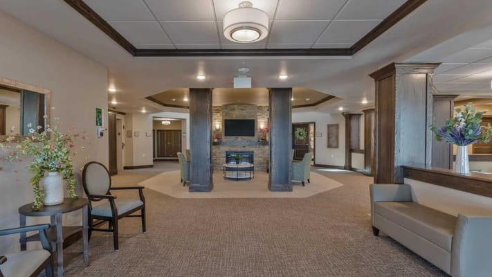 Bright interior view of a common area with seating