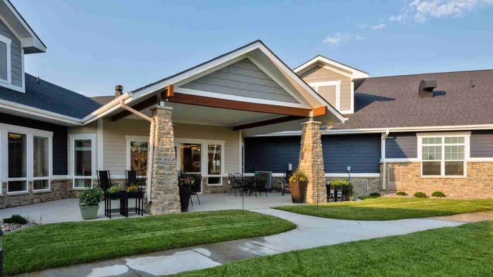 Exterior view of a senior living facility entrance