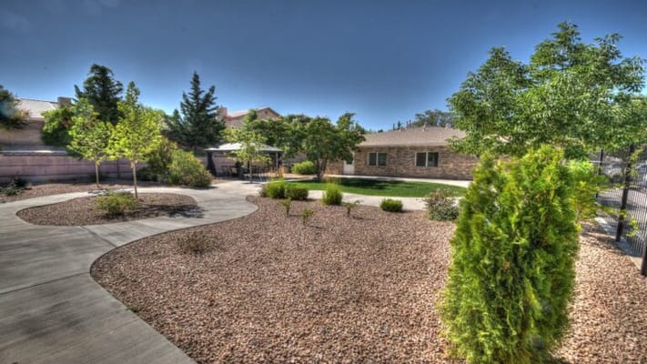 A landscaped outdoor area with trees and walkways