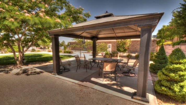 Shaded outdoor seating area in a garden