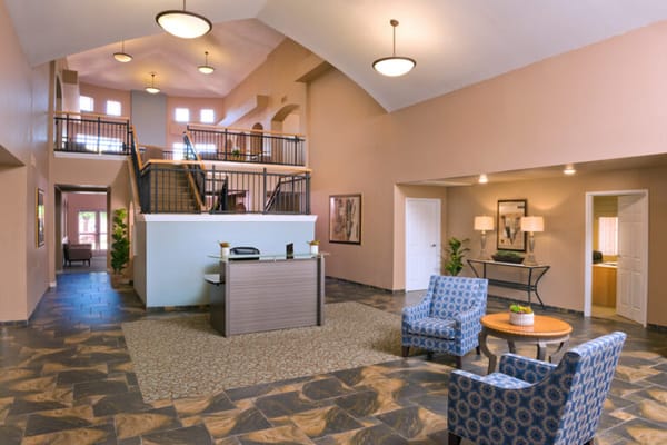 Welcoming lobby area with seating and reception desk