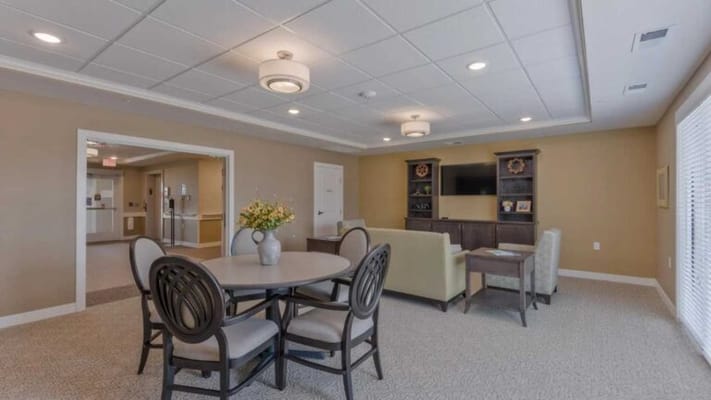 Bright common area with seating and decor