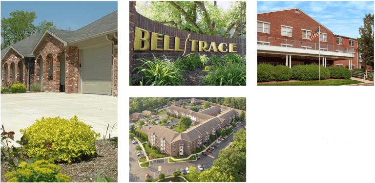 Aerial view of a senior living facility with landscaping
