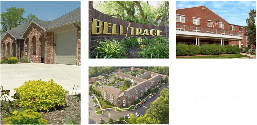 Aerial view of a senior living facility with landscaping