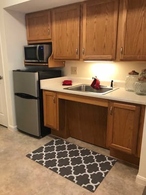 Kitchen area with modern appliances and cabinets