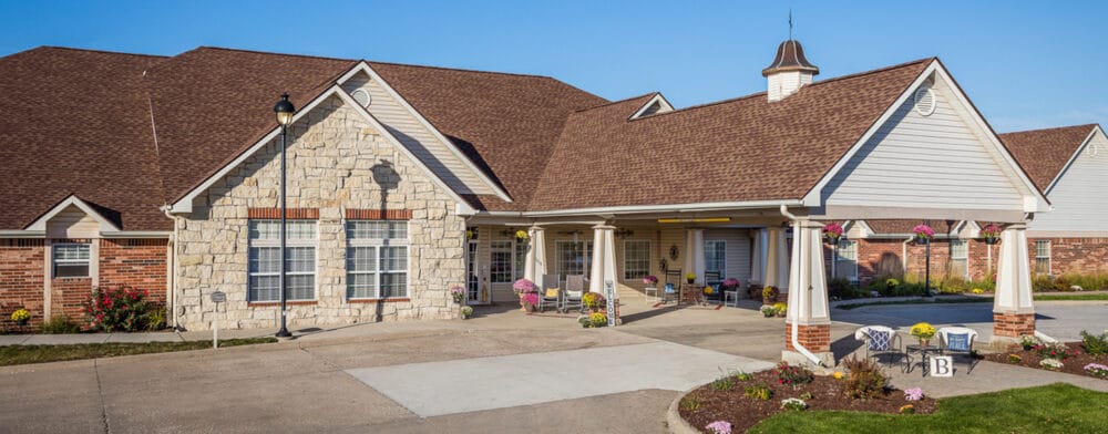 Exterior view of a senior living facility entrance