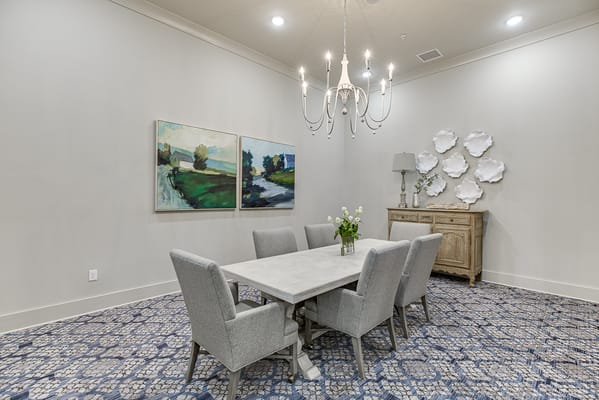 Interior lounge area with a dining table and decor