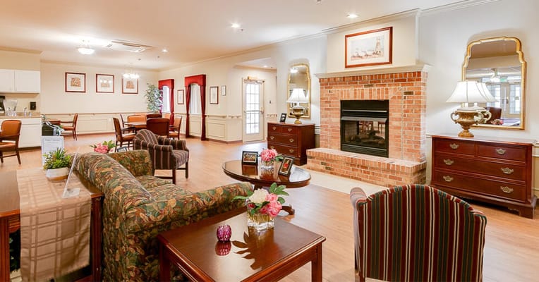 Cozy common area with seating and fireplace